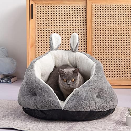 Akewell Fleece Cat Bed with Cute Rabbit Ears for Kittens - Machine Washable Bed House -Super Warm and Soft Cat Cuddle Winter Cave Bed 19…