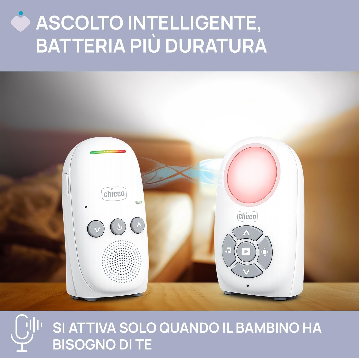 Chicco Audio Baby Monitor Digitale DECT, Komunikacja Dwukierunkowa, 5 Kołysanek, Tryb VOX, Zasięg Daleki