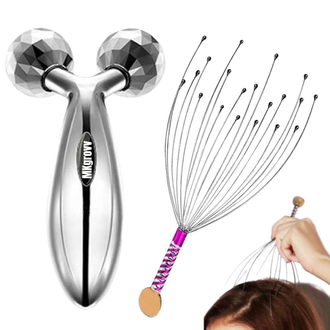 MKgrovv UPGRADE 3D Manual Roller 360 Rotate Silver Thin Face Full Body Shape Lifting Wrinkle Remover Facial Massager With 12 Finger Head Massager Scalp Scratcher for Hair Growth (3D MASSAGER & SCALP HEAD MASSAGER) (B0CKQZDX1K) Amazon Price History, Amazon Price Tracker