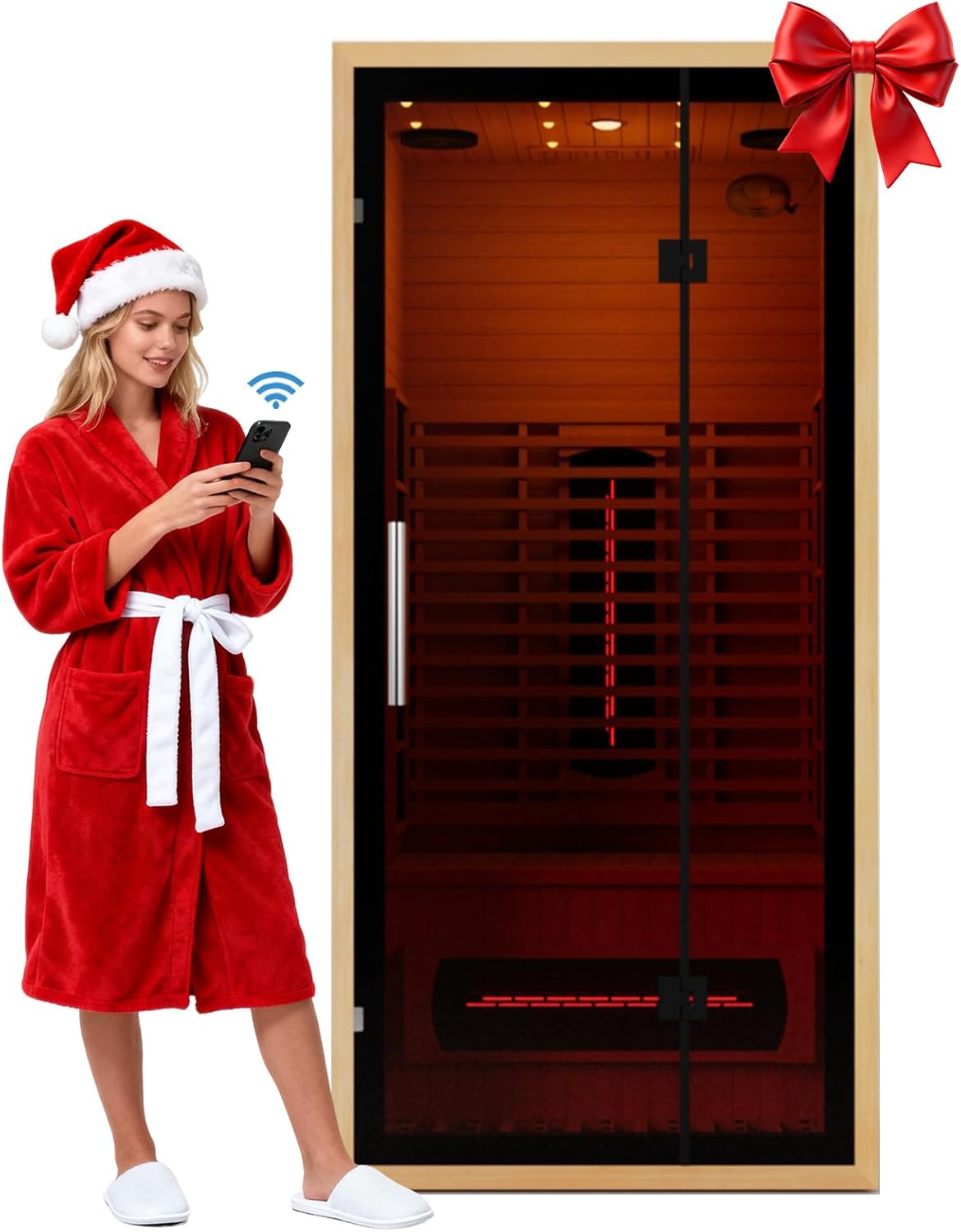 Full Spectrum Infrared Sauna for 1 Person, Upgraded WiFi Control Indoor Canadian Hemlock Wood Home Spa Saunas, Red Light Therapy, Speaker, Oxygen bar, Reading & 7-Color Light, 1350 W, US Instock 110V