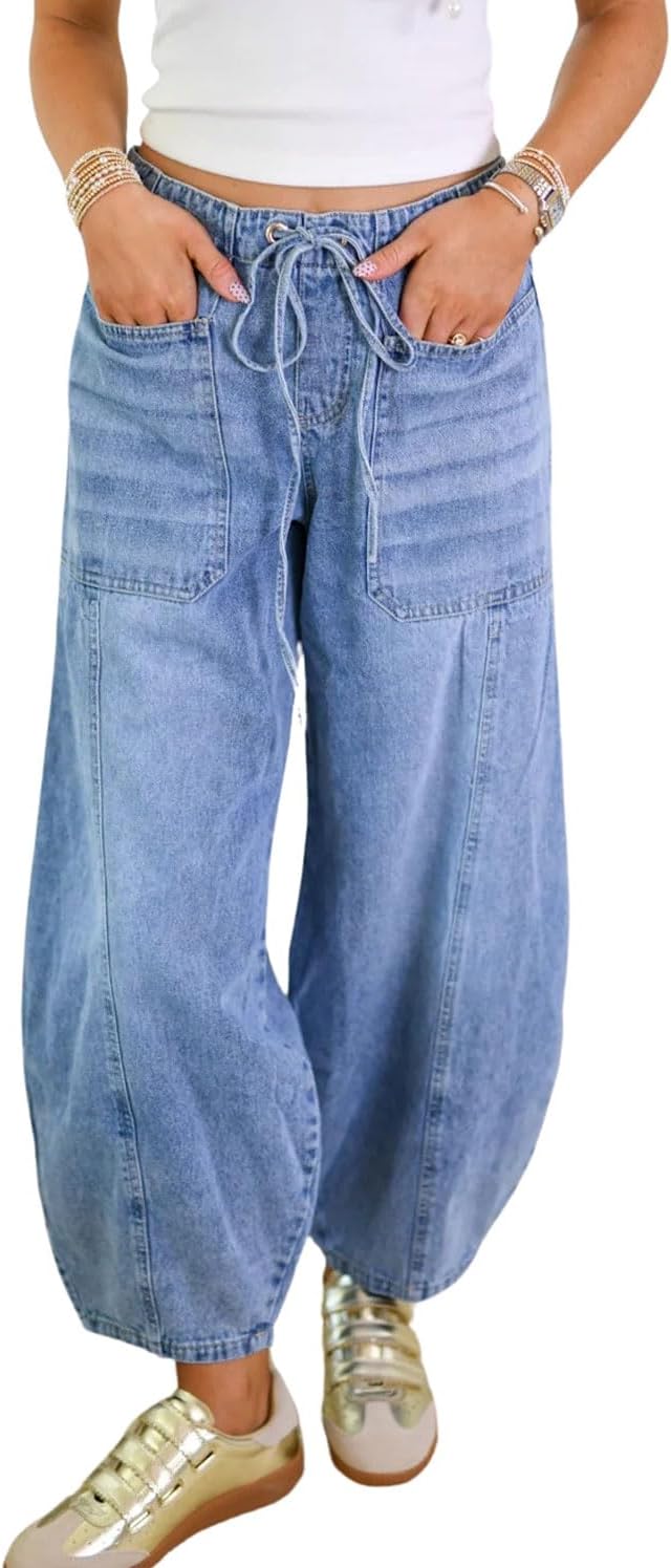 chouyatou Women Casual Barrel Jeans Elastic High Waisted Crop Wide Leg Jeans Boyfriend Harem Denim Pants