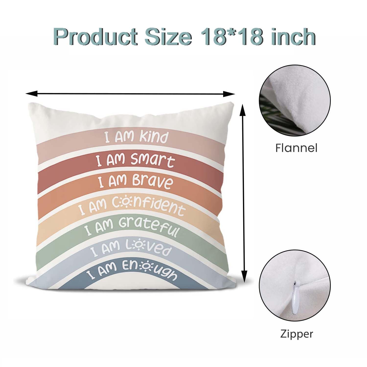 Inspirational Quote Throw Pillow Covers,Rainbow Emotion Feelings Cushion Cover for Book Center Corner Playroom,I Am Kind Smart Brave Confidence Pillowcase for Teens Kids Mental Health(18 X18inch) - Image 3