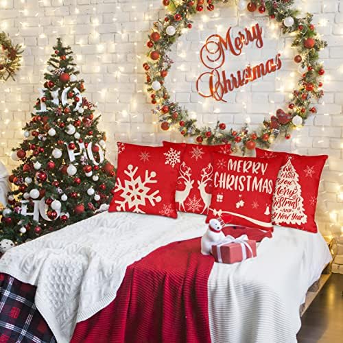 JANERIW Christmas Cushion Covers Set of 4, Christmas Design Pillow Cases 45 x 45 cm, Christmas Tree Deer Snowflake Red Xmas Winter Holiday Cushions Covers