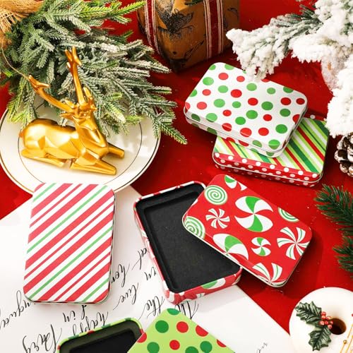 JarThenaAMCS 12 Pcs Christmas Tin Gift Card Holder Red Green Metal Candy Box with Lid Xmas Tin Container for Stocking Stuffers, Cards, Crafts, Party Favors