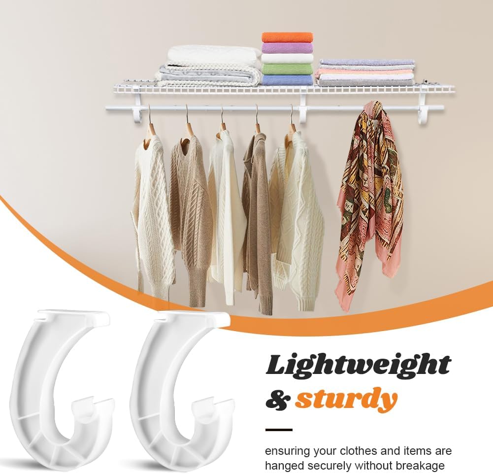 4 Pcs Hanging Closet Rod Support, J-Shaped 3/4 Closet Rod Center Support Bracket Clothes Storage Hanger Shelf Holder for Wire Shelving(White)