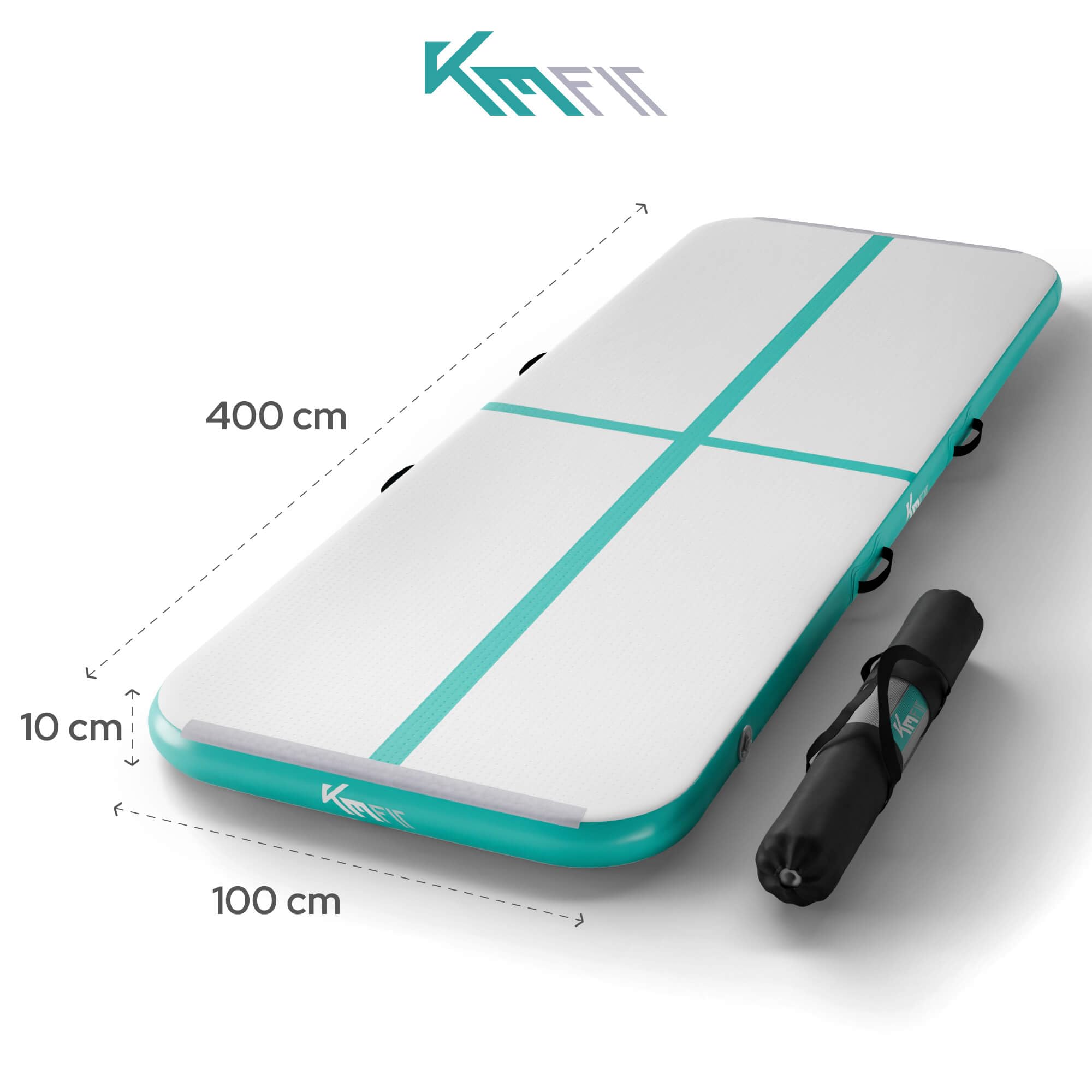 KM Fit Tappetino da ginnastica gonfiabile, per Airtrack, 4 m, con borsa per il trasporto, pompa ad aria elettrica e set di toppe, resistente ai raggi UV, tappetino da allenamento