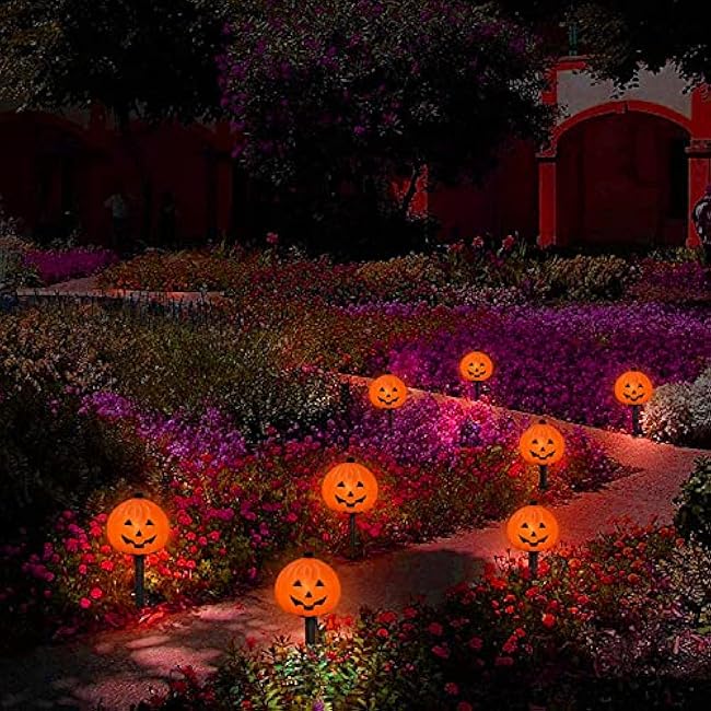 Halloween Pumpkin Pathway Markers Lights Outdoor, 7Ft Connectable C7 Halloween Decorations Pathway String Lights with 4 Pumpkin Stakes Lights for Outdoor Garden Walkway Yard Driveway Lawn Party Decor