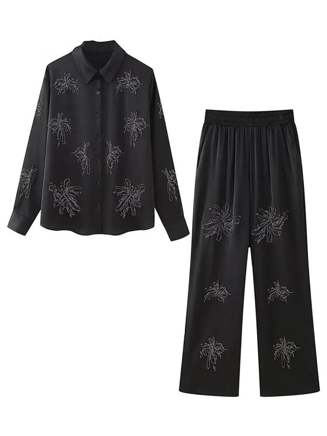 Ensemble de pantalons longs brodés pour femmes, ensemble chemise à manches longues à simple boutonnage, Only-shirt, S