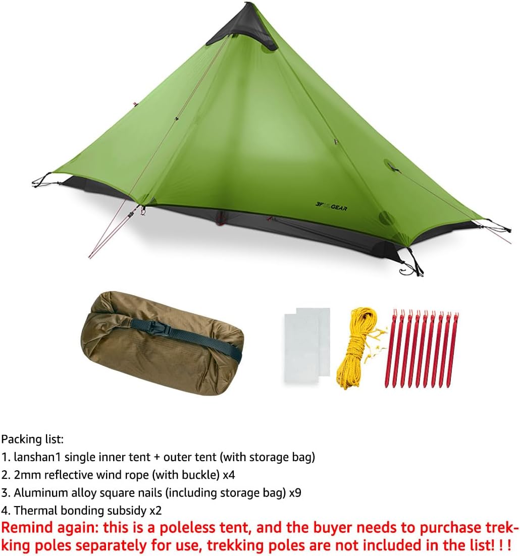 3F UL Gear Lanshan1 Ultralight Tent 3/4 Season Portable Backpacking Tent for 1-Person 15D Silicon Coated Waterproof Poleless Double Layer Tent for Camping, Climbing, Hiking