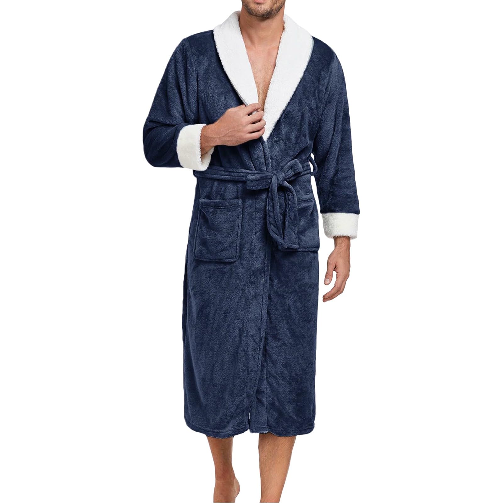 Generisch Pyjama long en flanelle pour homme - Robe de chambre longue avec bretelles - Robe de nuit avec poches - Peignoir douillet - Vêtement de maison décontracté