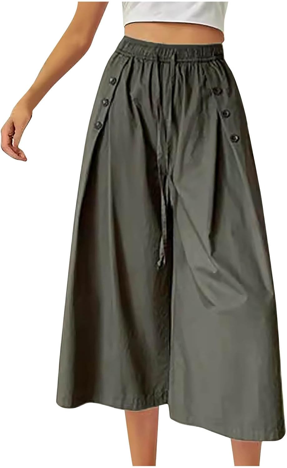 Women Culotte Pants High Waisted Wide Leg Midi Trousers Elastic Waist Button Side Slit Skirt Pants Comfy Casual Pant