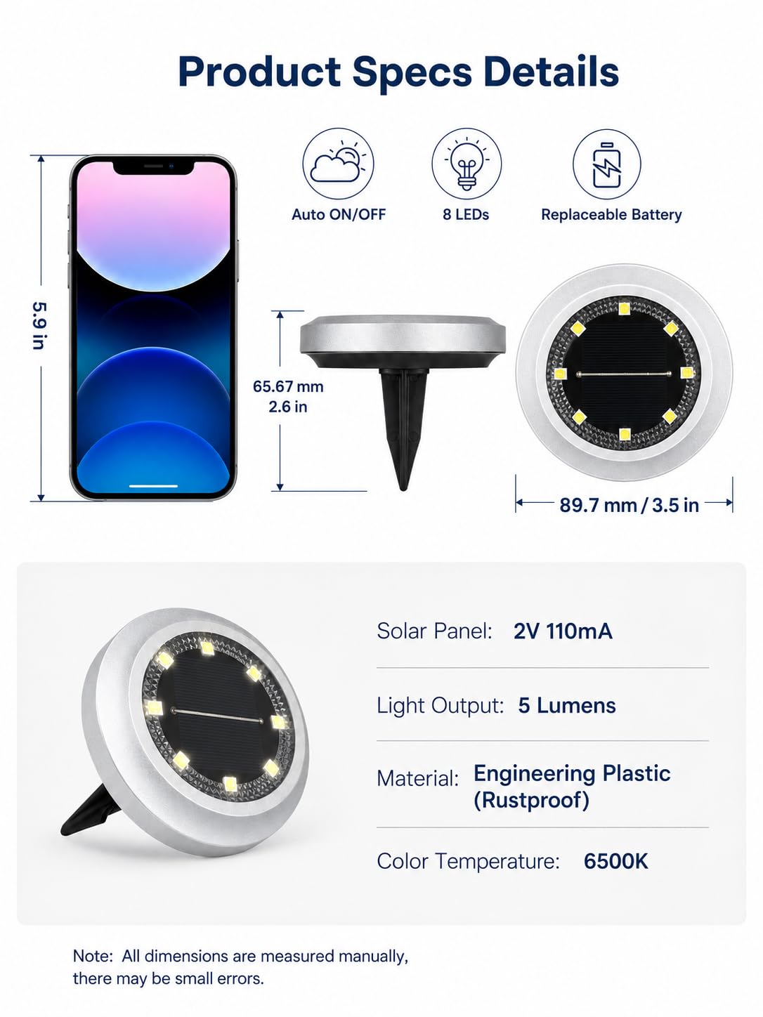 Lumière Solaire Extérieur, 8LED 6000K Lampe Solaires au Sol, Etanche IP65 Lampe de Jardin, Spot Solaire Extérieur pour Chemin Terrasse Cour Pelouse Escaliers Piscine