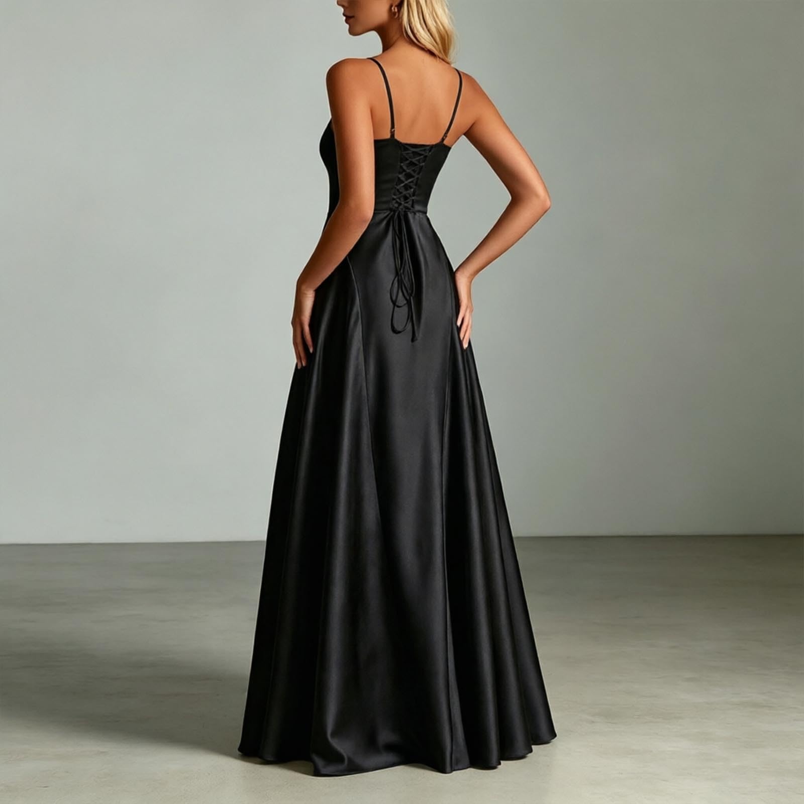 Elegante vestido de verano para mujer, con tirantes de satén, entallado, falda larga, vestido de verano | Vestido festivo de satén con falda ancha, ajuste entallado, ideal para bodas y vacaciones