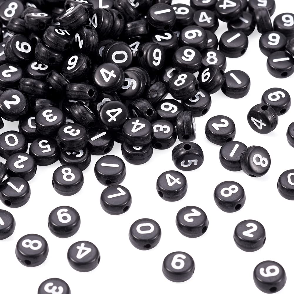 Cheriswelry 400 perline rotonde piatte in acrilico nero, 7 mm, a forma di moneta, numeri 0-9, distanziatori per nome, bracciali, collane e gioielli