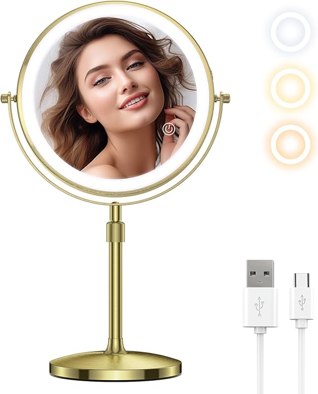 Espelho para Maquiagem com Iluminação zelaxy 1X/10X, Altura Ajustável, Dourado