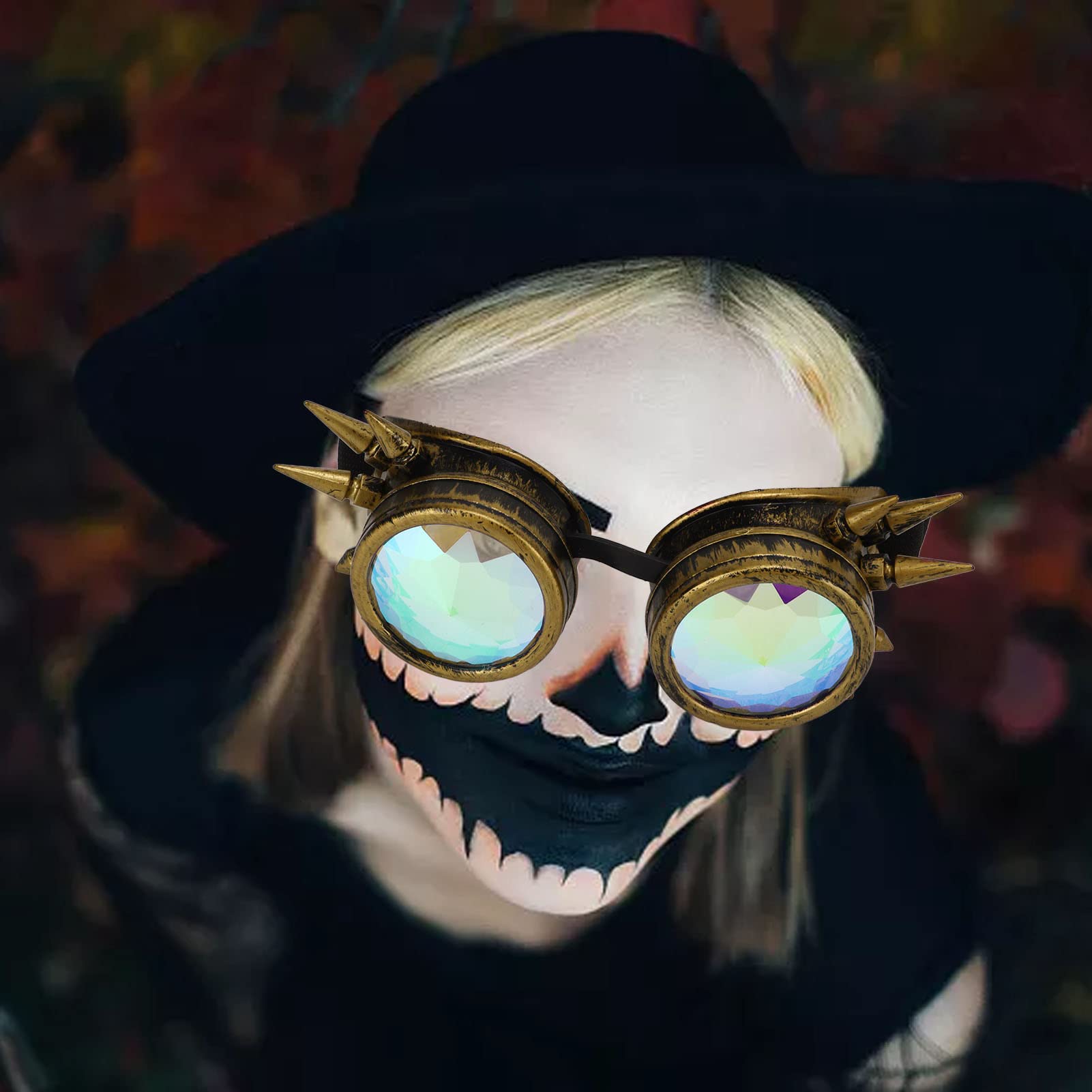 Halloween Kaleidoscope Rave Goggles with Rainbow Crystal Lenses, Adjustable, Psychedelic Steampunk Style, Bronze, for Costume Party - Image 2