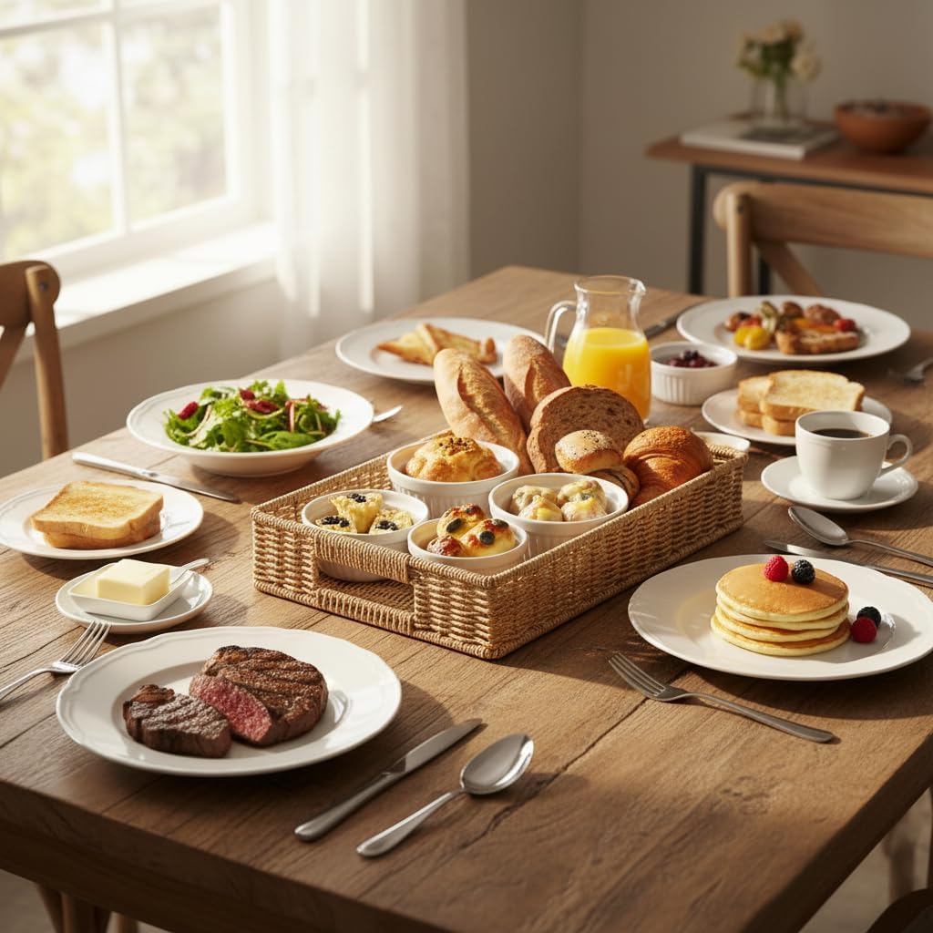 2pcs Woven Baskets Serving Trays with Handles, Poly Wicker Bread Basket Rectangular Platters for Fruit, Vegetables, Breakfast, Drinks, Snacks, Dining Coffee Table, 2 Size