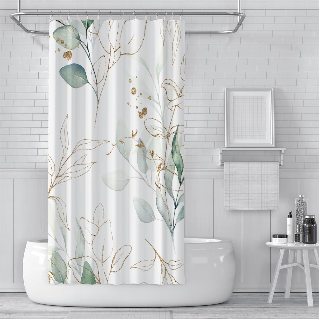 Duschvorhang 200x200 mit Grünen Eukalyptusblättern, Aquarell Badezimmervorhang mit Goldenen Blättern und Blumenmuster, Wasserdichter Polyesterstoff für Badewannen/Badezimmer mit Haken, B200 x H20