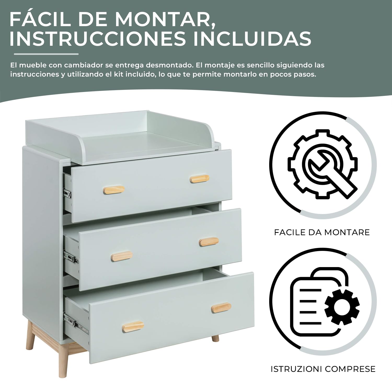 Rebecca Mobili Mueble con Cambiador, Cómoda Cambiador, Verde Agua Marrón, MDF Pino, Compacto, con Cambiador Desmontable - Medidas AxAnxFon: 100 x 80 x 42 cm - Art. RE6985