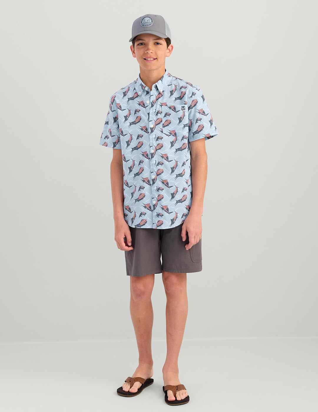 HUK Unisex Kid's Kona Short Sleeve Fishing Button Down Shirt, Windsurfer