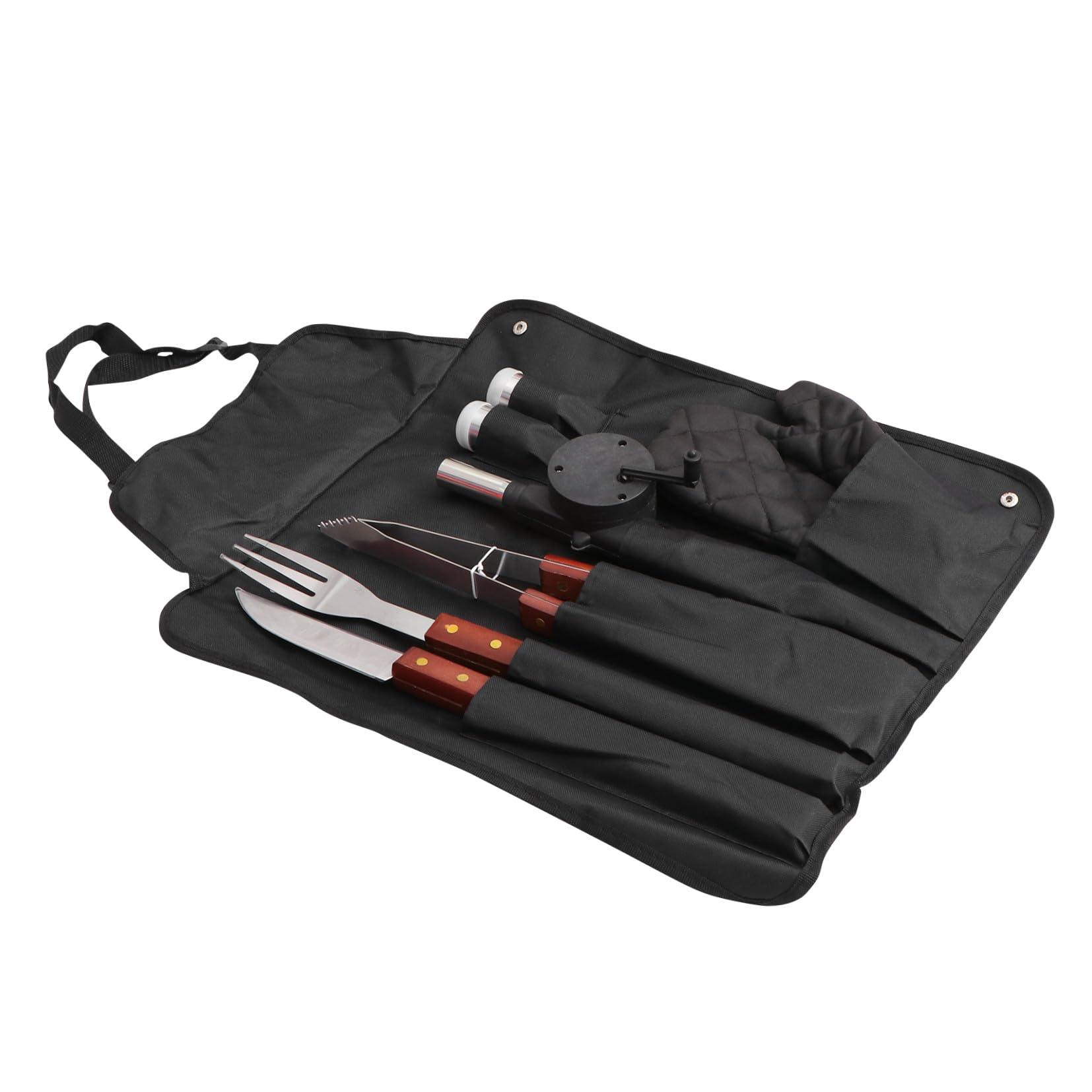 8 Stück Grillbesteck mit Holzgriff, Schwarz, mit Schürze | Edelstahl und Holz, Fixiergurte für Ordnung, Inklusive Aufbewahrungstasche für Outdoor und Bbq Party