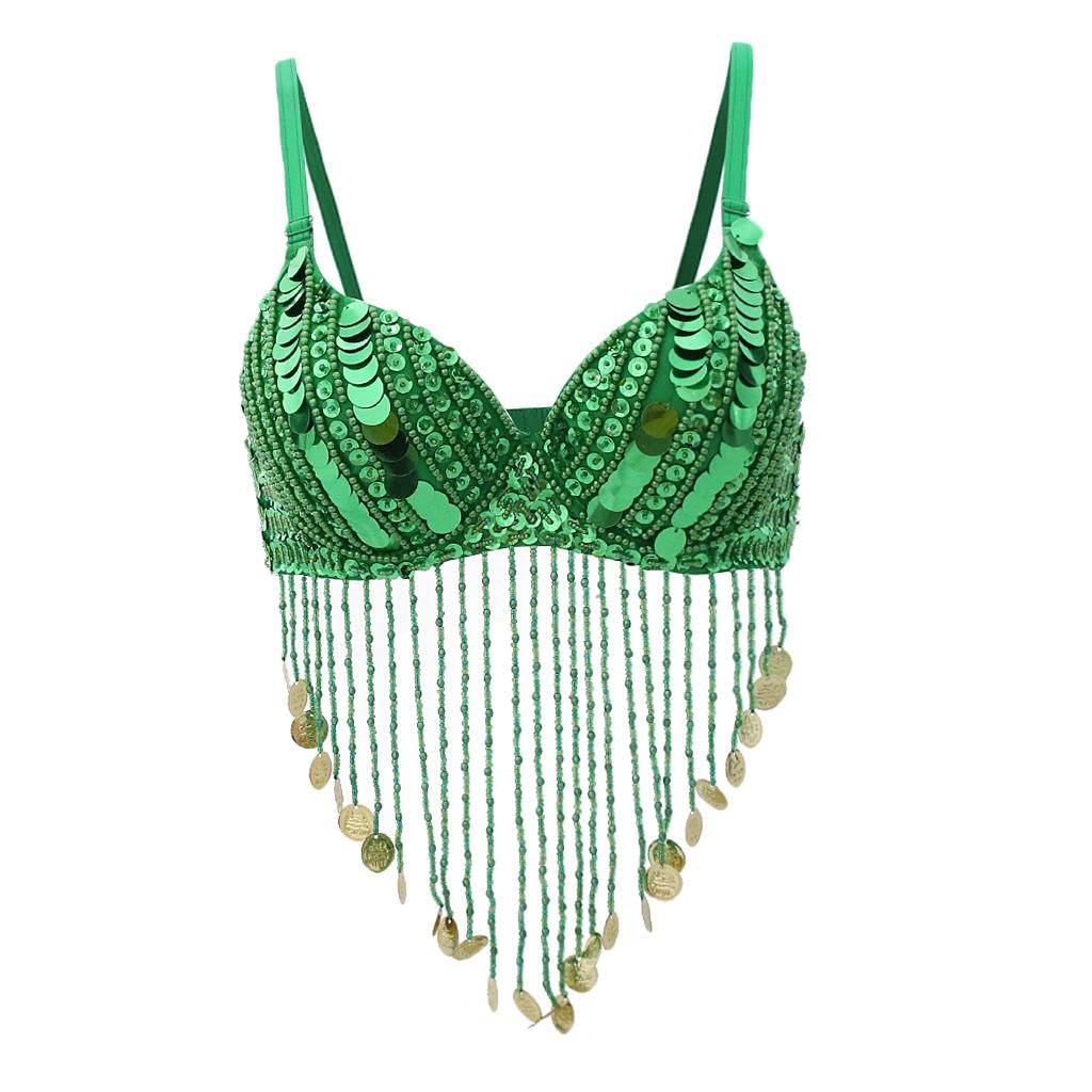 sharprepublic Sexy Belly Dance Sequin Latin Bra Top Samba Dancing Show Costume Stage Wear - Green, as described