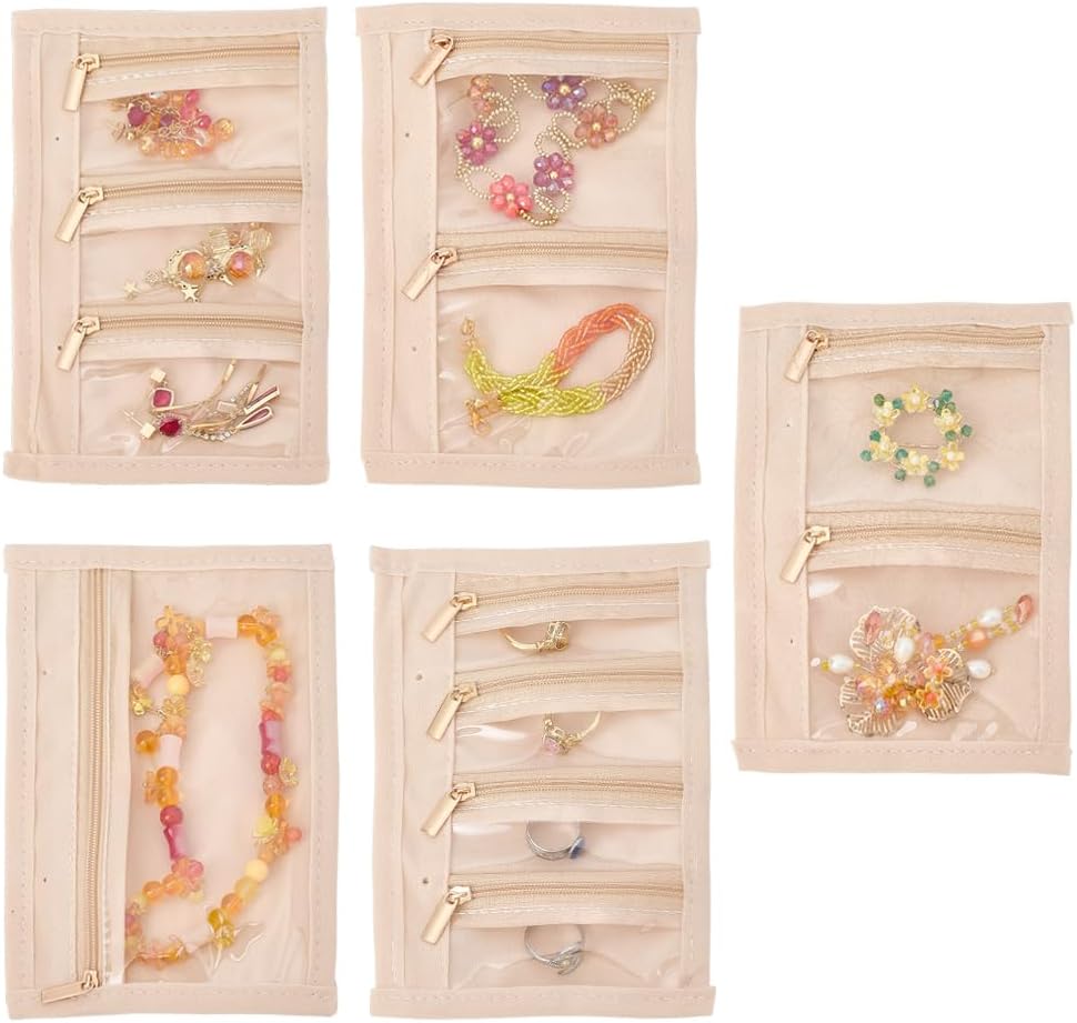 Beebeecraft 5Pcs Velvet Jewelry Pouch with Zipper Jewelry Storage Book Binder Pages Bags Clear Portable Separate Organizer for Travel Earring Bracelet Necklace
