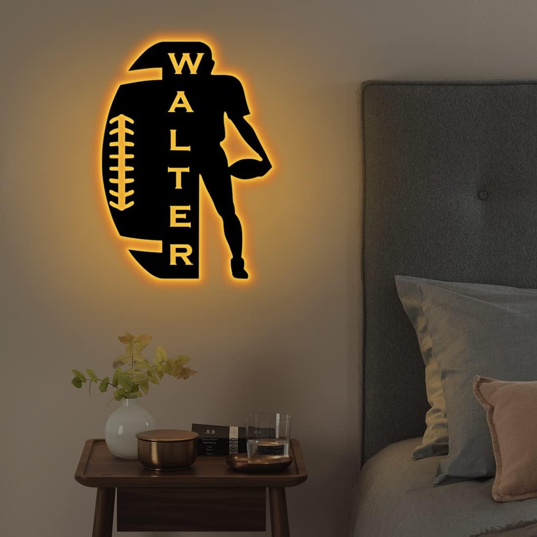 Amabery Personalized Wooden LED Wall Hanging Football Sign Night Light Custom Name Rugby Lamp with 16 Changing Colors,Deal for Kids and Adults for Room Living Room Home Decoration (Football Sign-4)