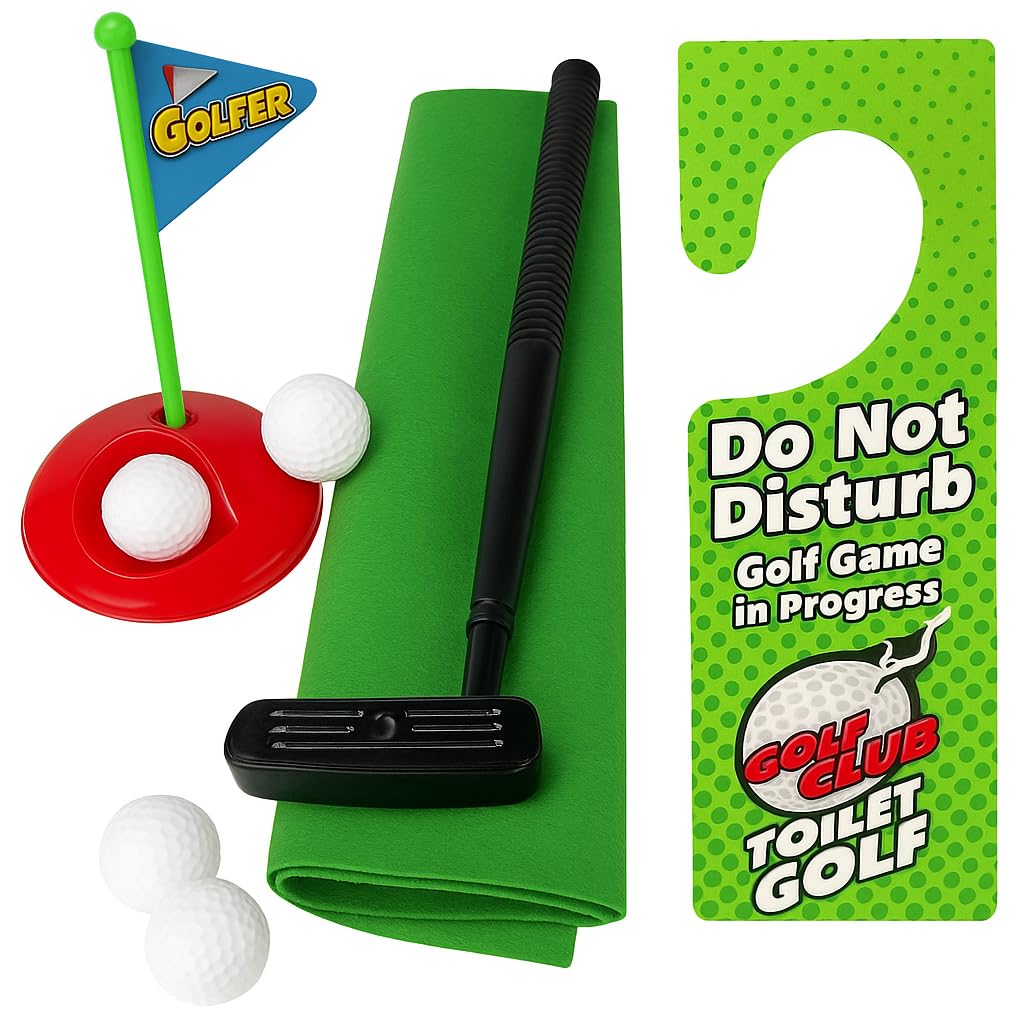 Toilet Time Potty Putter Set - Divertente mini gioco da golf per il bagno, divertente regalo per uomini, amanti del golf e feste in ufficio, gioco da bagno con mazza, palle, tappetino verde e bandiera