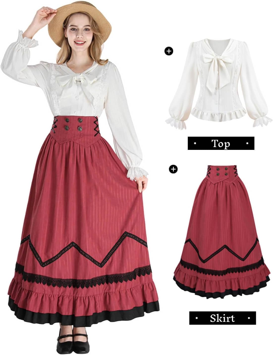 Nuoqi Womens Victorian Dress Costume 1800s Edwardian Costume Renaissance Blouse Skirt Set - Image 2