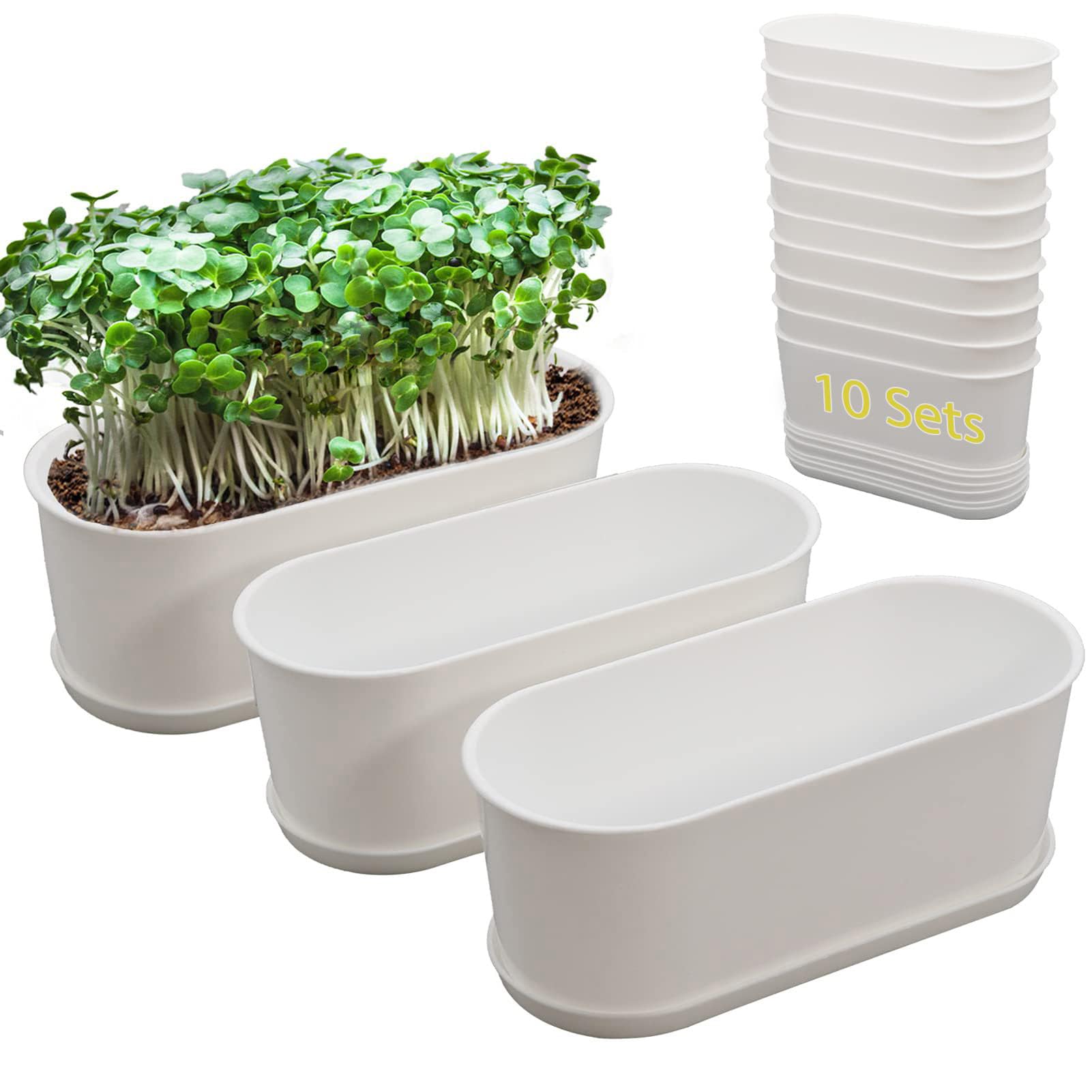 SORANGEUN 10-Pack White Herb Planter Box with Drip Trays, 8.5 Inch Small Oval Window Planters for Kitchen Sill, Indoor Outdoor, Perfect for Basil,