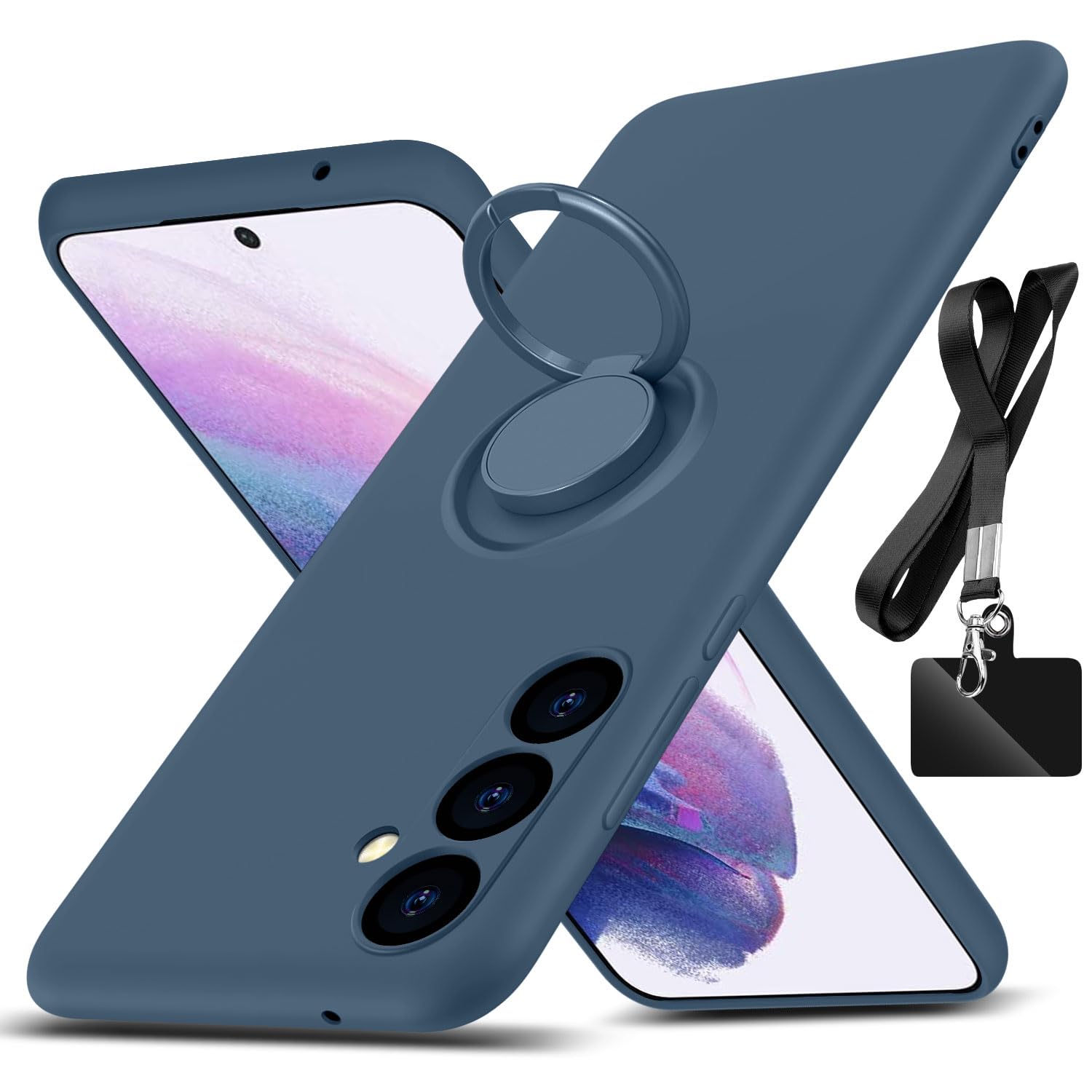 AYSZNBLA for Samsung Galaxy S23 FE Case,with 360°Rotatable Ring Holder Kickstand & Strap Lanyard Premium Liquid Silicone Slim Shockproof Protective
