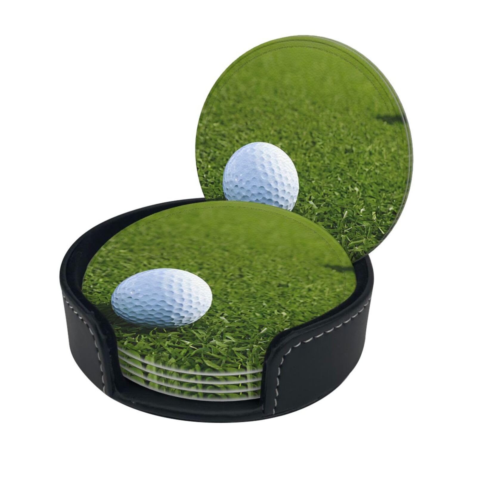 Grass Baseball Softball Print Coaster,Round Leather Coasters with Storage Box for Wine Mugs,Cold Drinks and Cups Tabletop Protection (6 Piece)