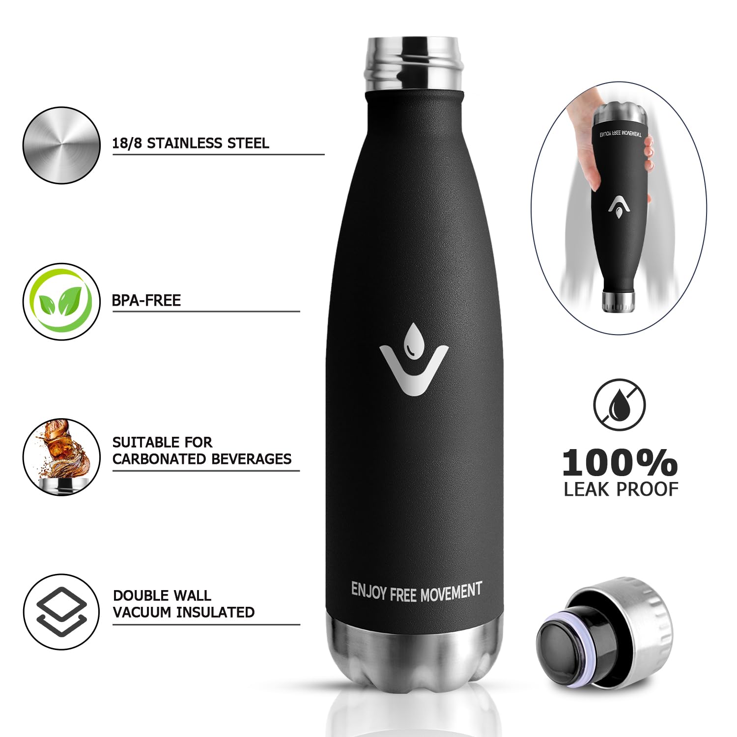 Edelstahl Trinkflasche 750ml, Thermosflasche BPA-Frei, Trinkflasche Kohlensäure Geeignet, Auslaufsicher Doppelwandig Thermoskanne, für Fitness, Laufen, Büro, Erwachsene, Camping, Fitness, Sprudel