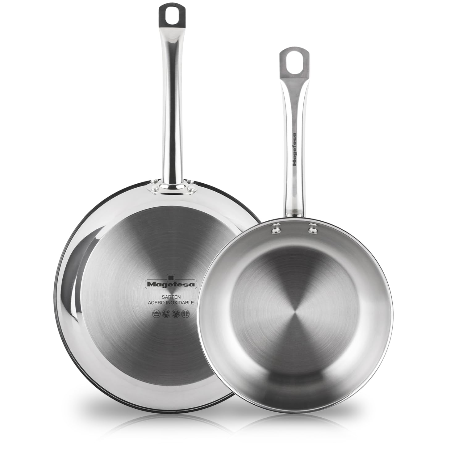 MAGEFESA Ecosteel - Juego de Sartenes 20 + 26 cm, Acero Inoxidable, Sin Antiadherente, Apta para Todas las Cocinas, Inducción, Libre de PFOA/PFTE