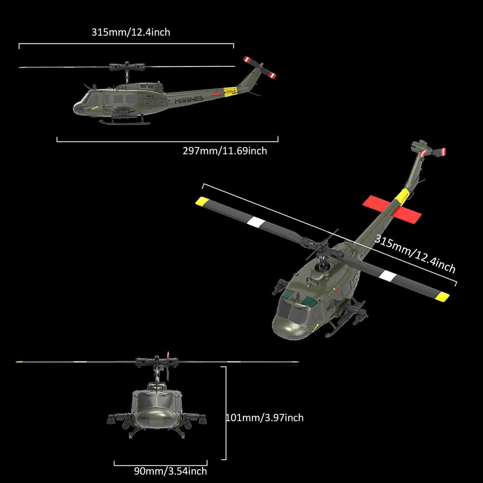 RC ERA C032 UH-1 Huey Elicottero telecomandato per adulti, 1/48 Sacle 2.4G 6CH Gyro Stabilized Aircraft with Altitude Hold & Optical Flow,3D Stunt Drone (giallo)