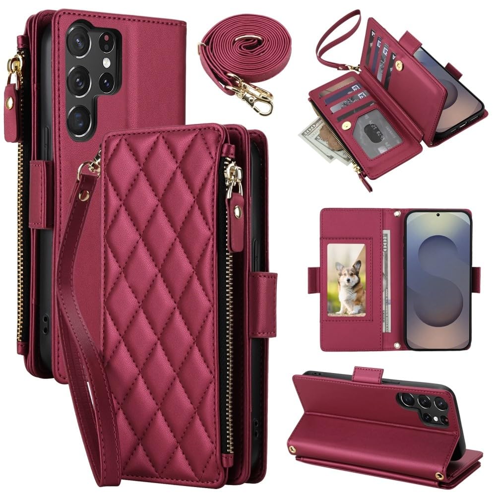 Generic Funda compatible con Samsung Galaxy A13 5G / A13 4G / A04S / A04 4G / M13 5G (Color: rojo viento) Multi cartera con cremallera de cuero con tapa trasera correa diseño de cuadrícula