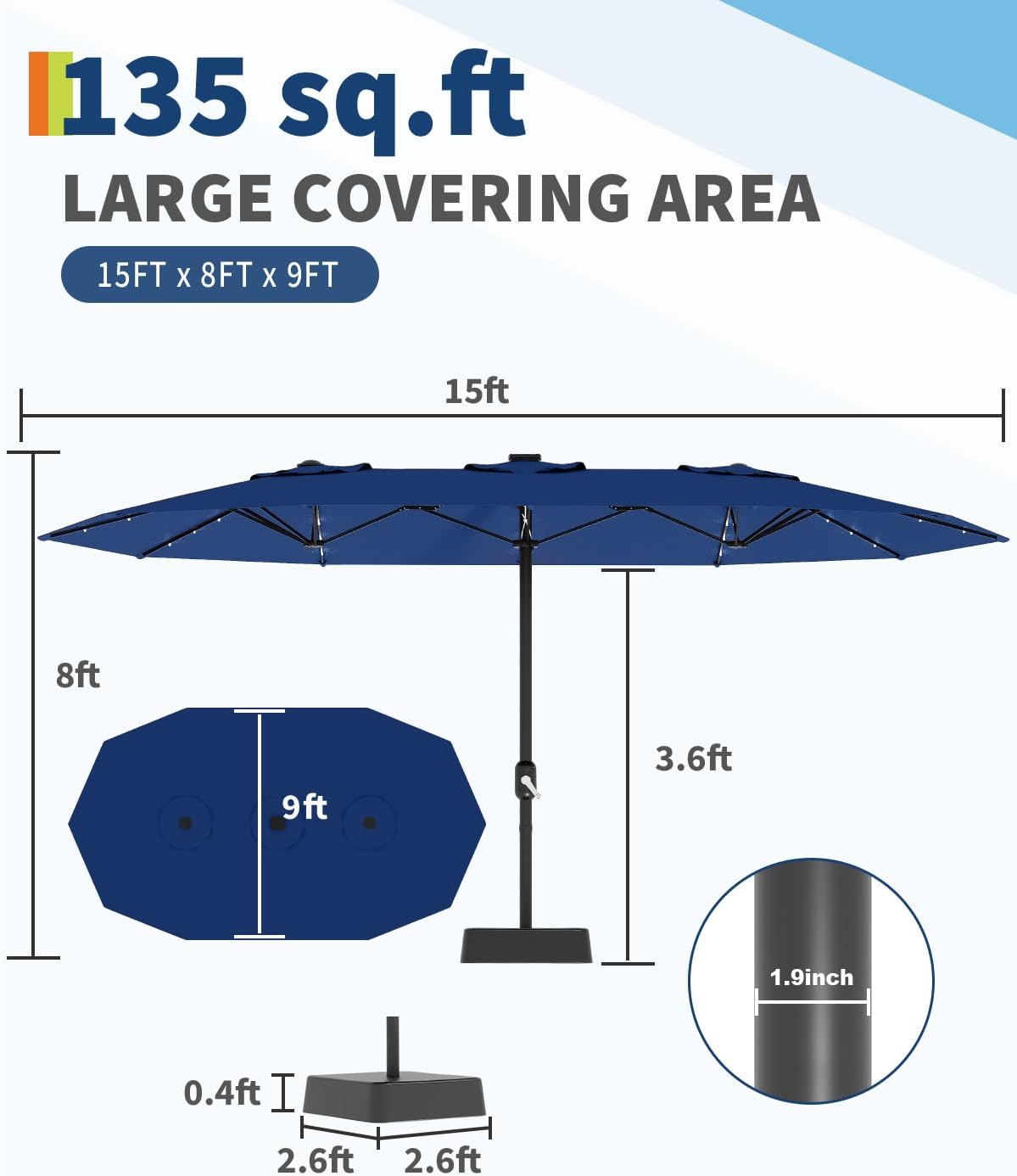 15FT Large Patio Umbrella with Base and Solar Lights, Double-Sided Rectangle Umbrella Oversized Shade for 8-10 People,36 LED Lights and Weighted Base for Pool, Deck, Backyard