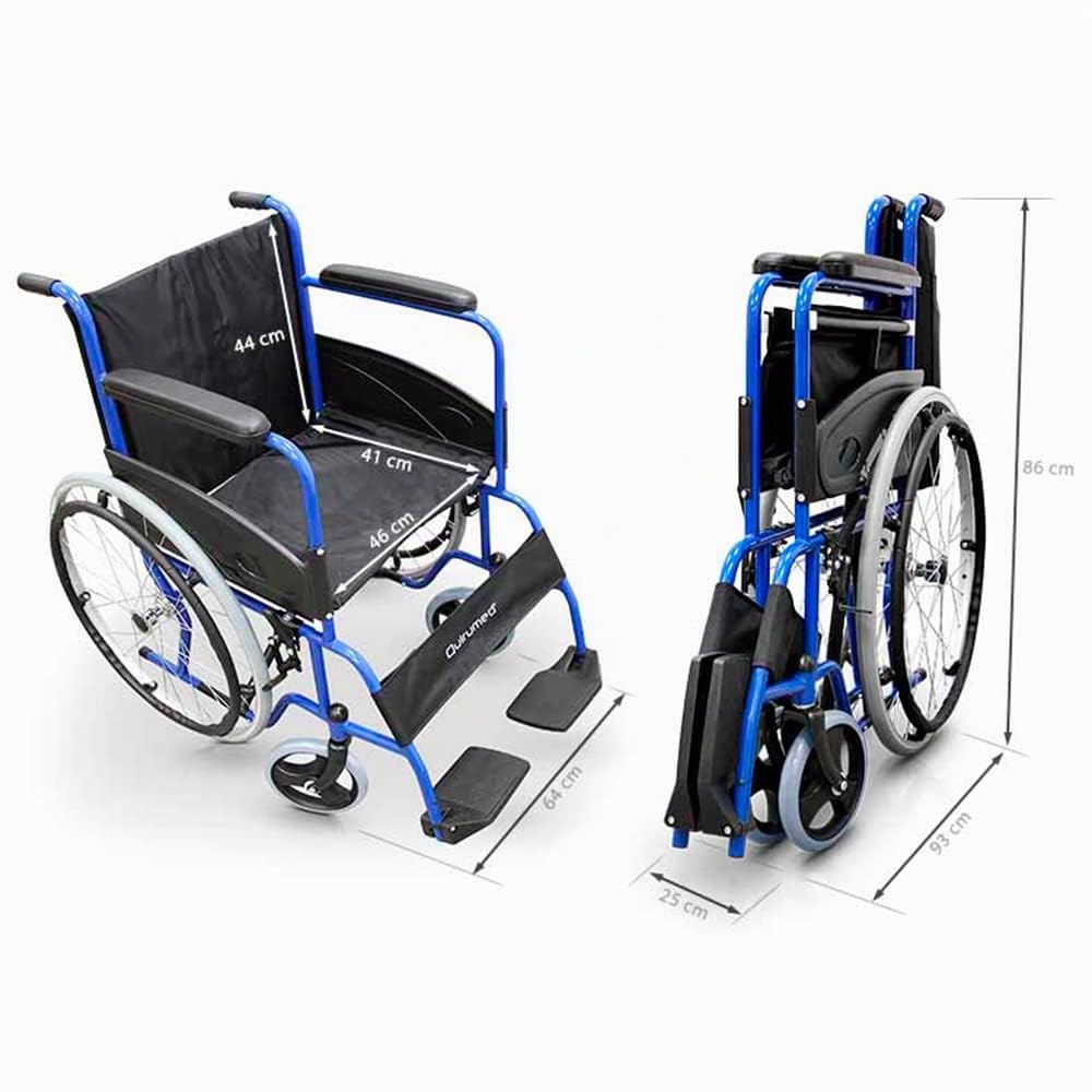 QUIRUMED Silla de Ruedas Plegable, Acero, Basic Colors, Azul, 46cm | Manual, Reposapiés Abatibles, Freno Manual