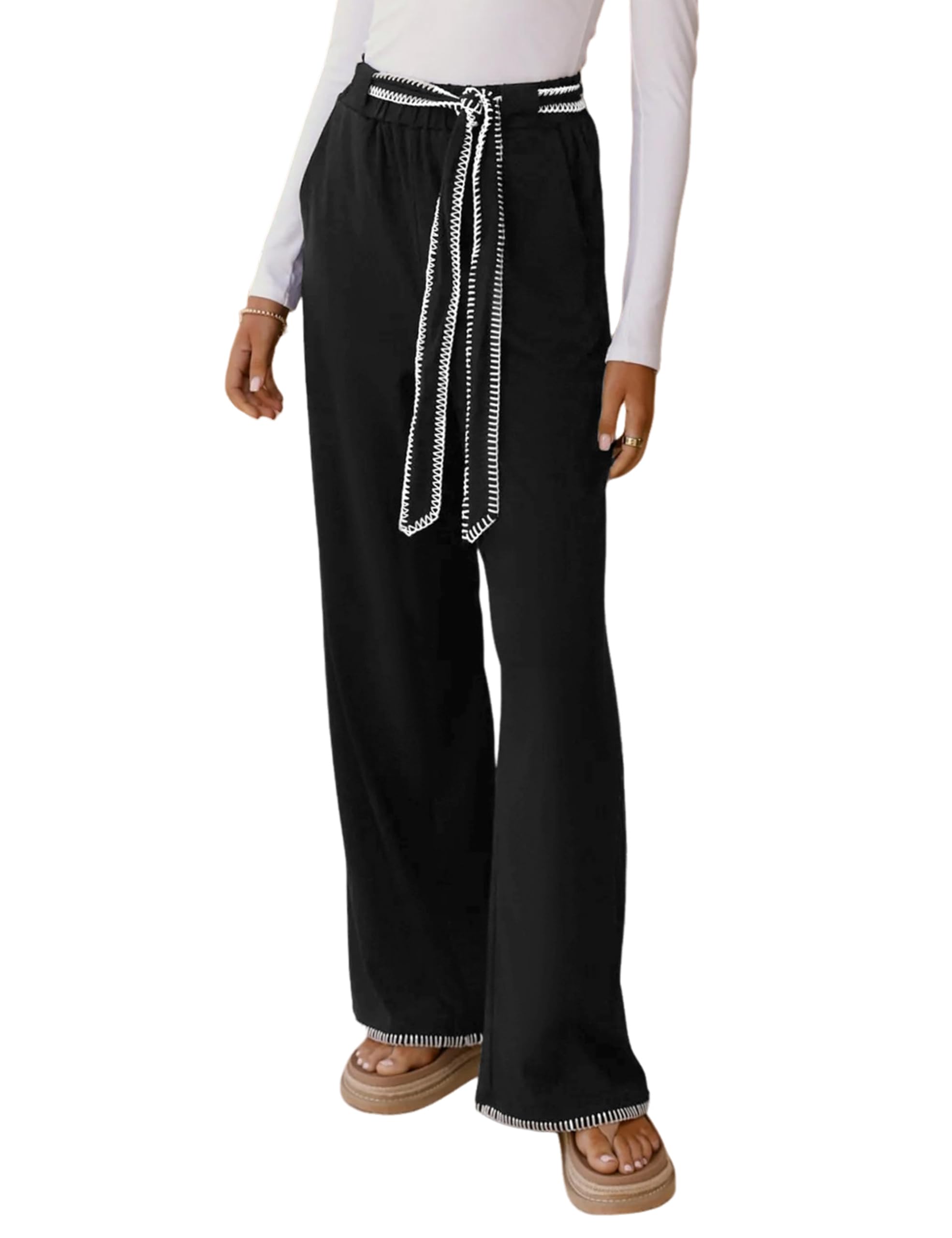 Lviefent Women Wide Leg Pants Drawstring Elastic Waist Soft Casual Work Palazzo Pants Trousers with Pockets