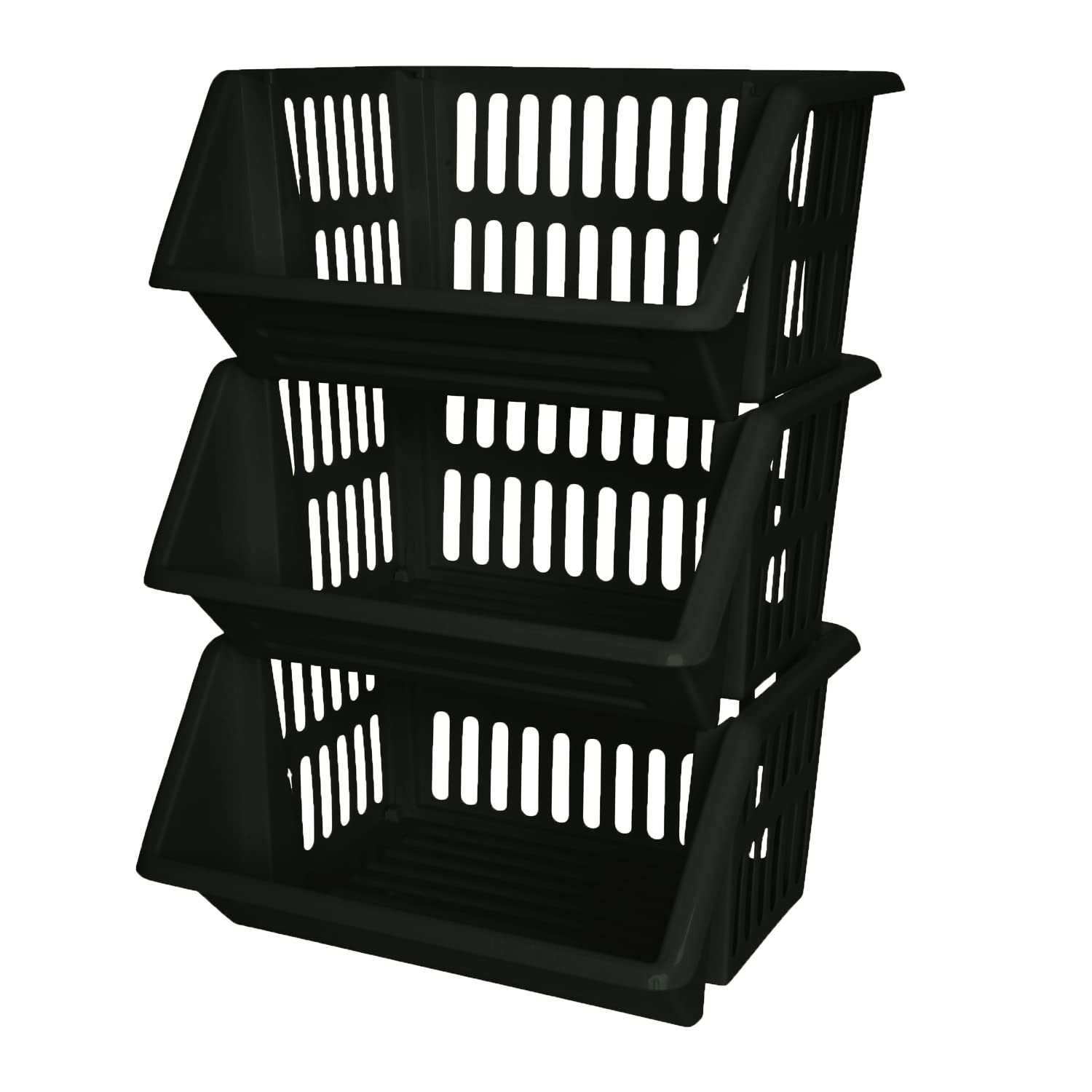 ZARVICZONIA Large Stacking Storage Baskets Veg Rack, Durable Plastic Stackers, Dimensions: 36 cm (L) x 30 cm (D) x 17.5 cm (H) (Black, Pack of 3)