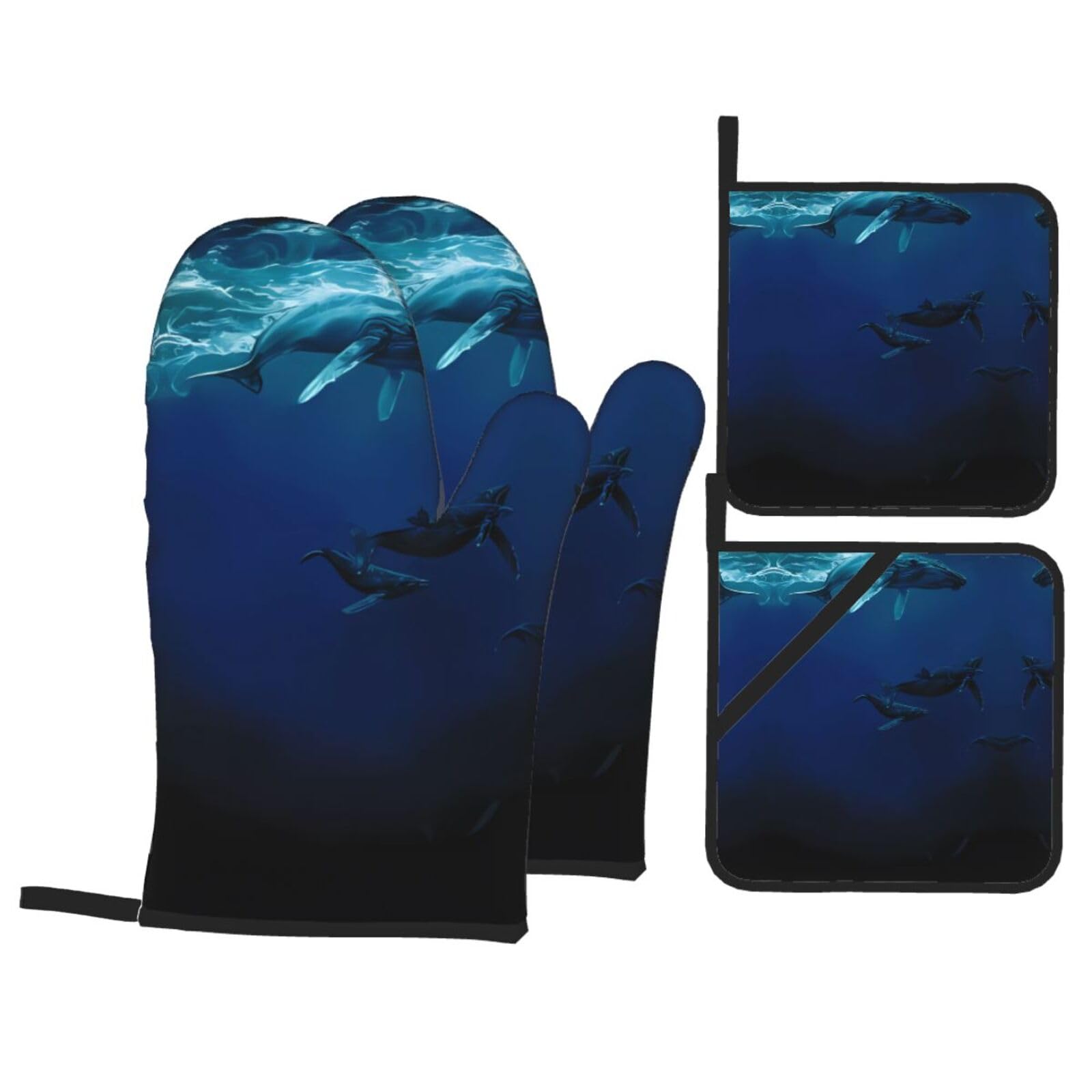 WHJSHOP Ocean Whale Prints Oven Mitts & Pot Holders Set - Waterproof Kitchen Layers & Heat Resistant - Durable Covers for Safe Cooking & Easy Cleanup