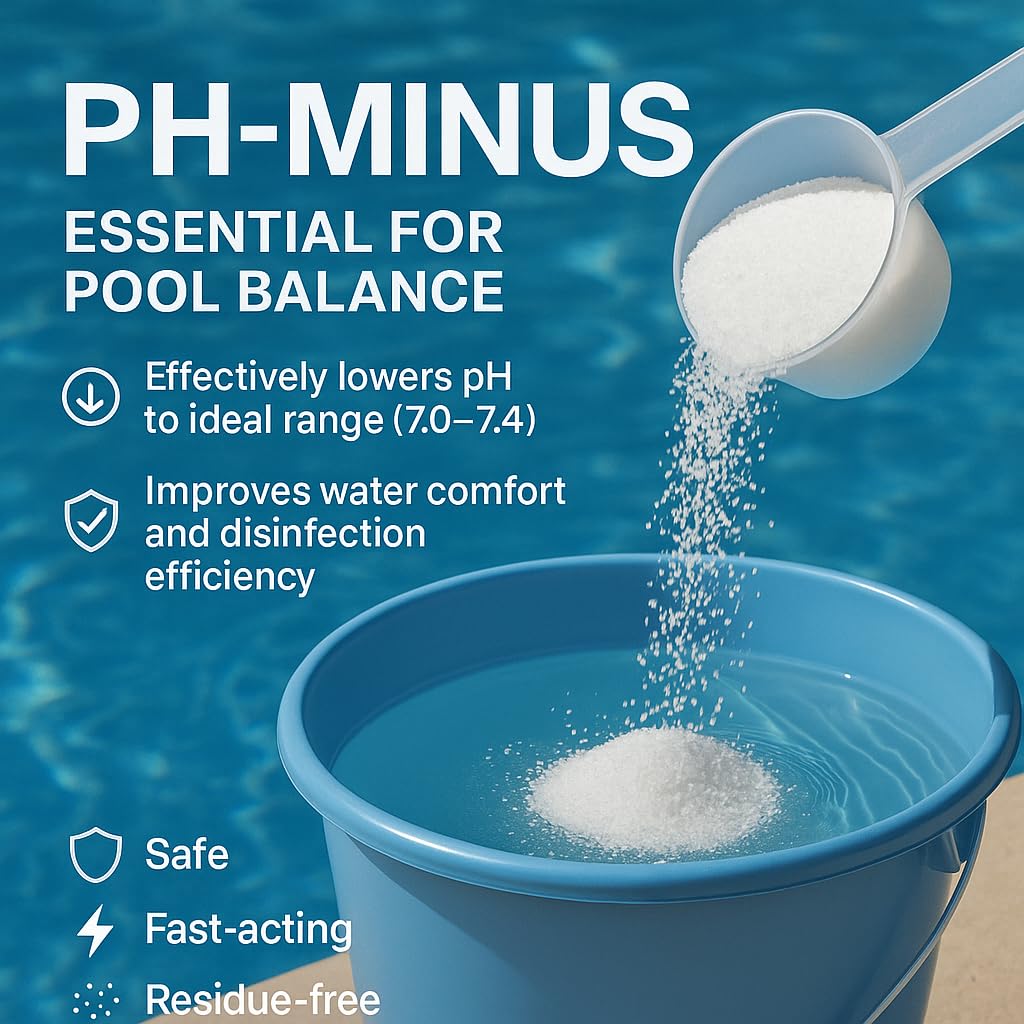 Granulat pH minus 500 g w wiaderku obniża wartość pH w basenie, płyn do pielęgnacji wody z hydromasażem zapewnia krystalicznie czystą wodę, idealny do wszystkich rodzajów basenów, łatwe dozowanie 0,5