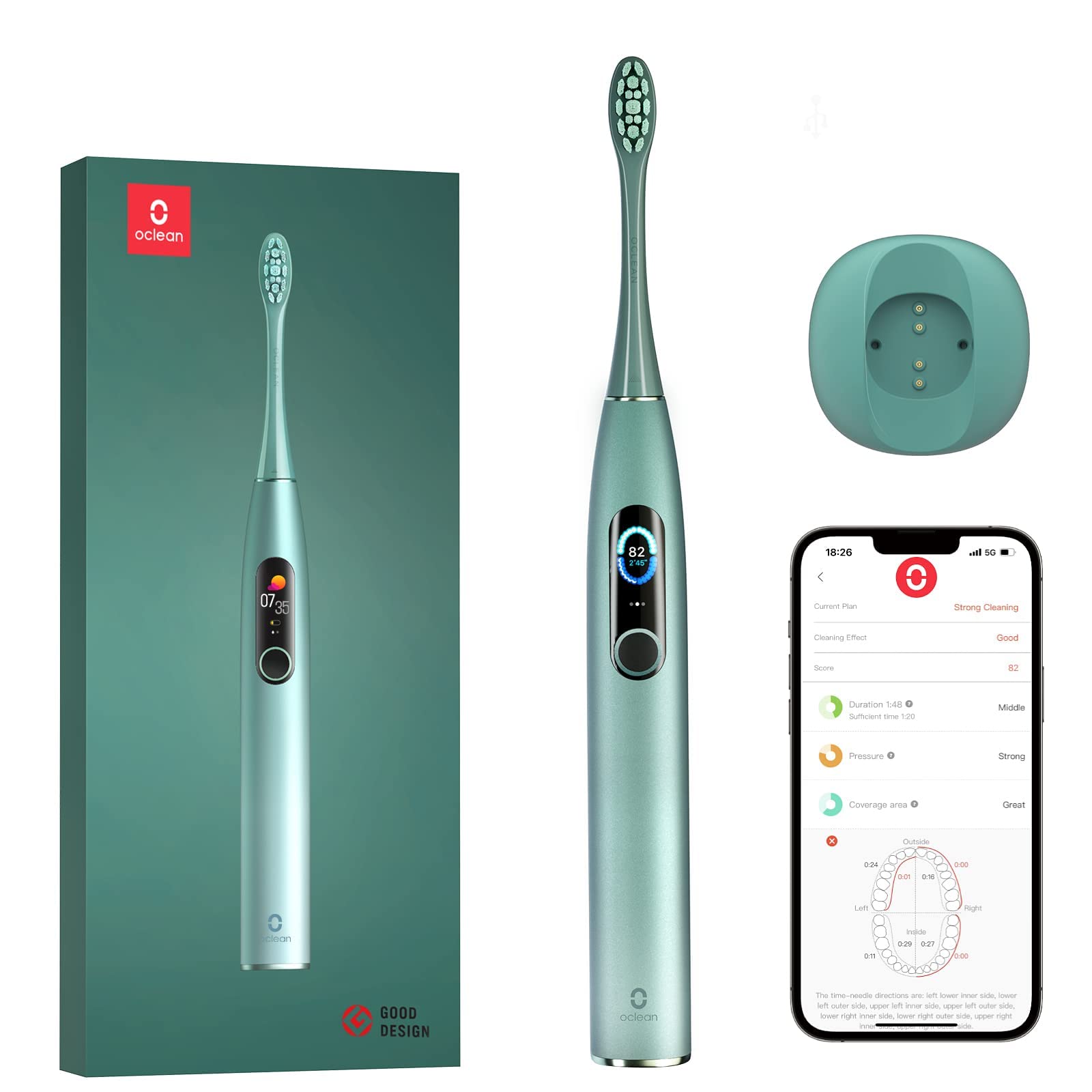 X Pro, Smart Electric Toothbrush, 3 Modes with Whitening, Quick Charge for 30 Days, Anti-Mould Design, IPX7 – Green