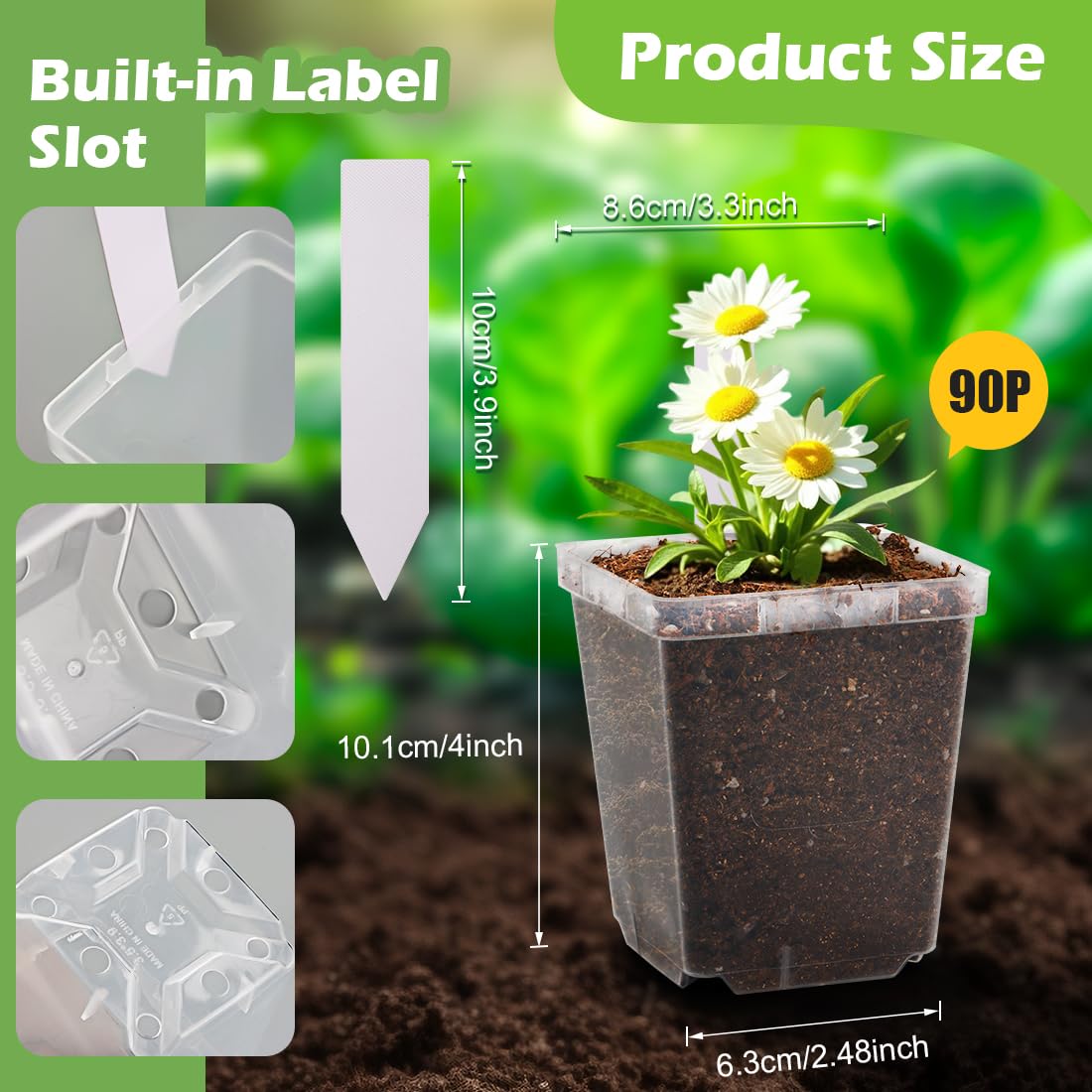 RooTrimmer Lot de 90 Pots de semis carrés Transparents de 8,3 cm avec Drainage, avec étiquettes de Plantes, Pots de semis réutilisables pour Plantes Grasses, Transplantation d'herbes, Fleurs, tomates