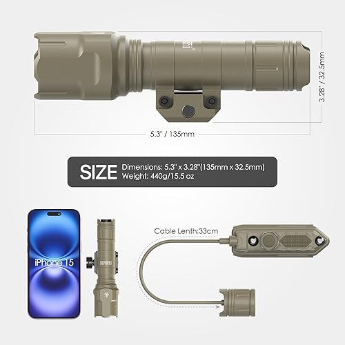 Vista 32 de Feyachi Rifle Light 1200LM 22500Candela WL25 Tactical AR linterna LED luz al aire libre con interruptor de presión y montaje en riel Picatinny, 3