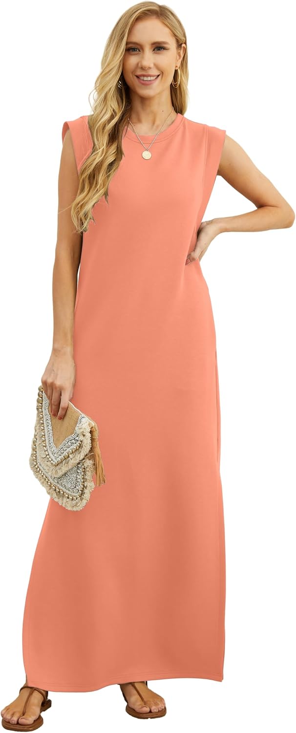  2026 Women Year-Round Casual Round Neck Loose Split Wrinkle-Free Long Maxi Vacation Dress with Pockets (XXS-4XL) thumbnail