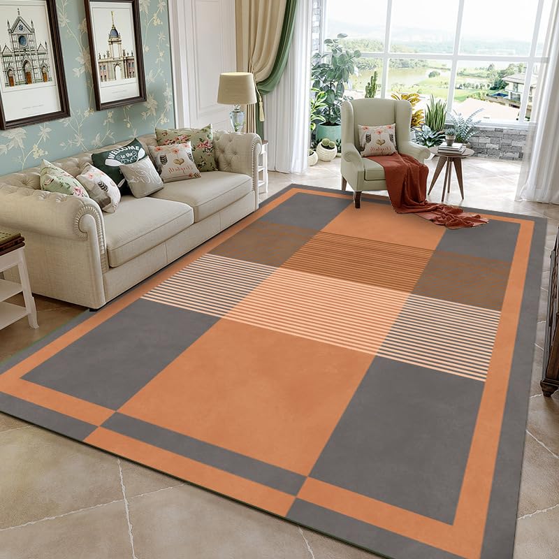 Teppich Wohnzimmer Waschbar 110 x 150 cm rutschfest Maschinenwaschbar,für Schlafzimmer,Küche,Bad,Esszimmer und Flur Modernes Geometrisches Patchwork Braun Orange