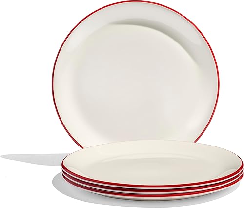 Made In Utensilios de cocina - Platos llanos de 10 pulgadas - Juego de 4 - Blanco con borde rojo - Porcelana - Fabricado en Inglaterra
