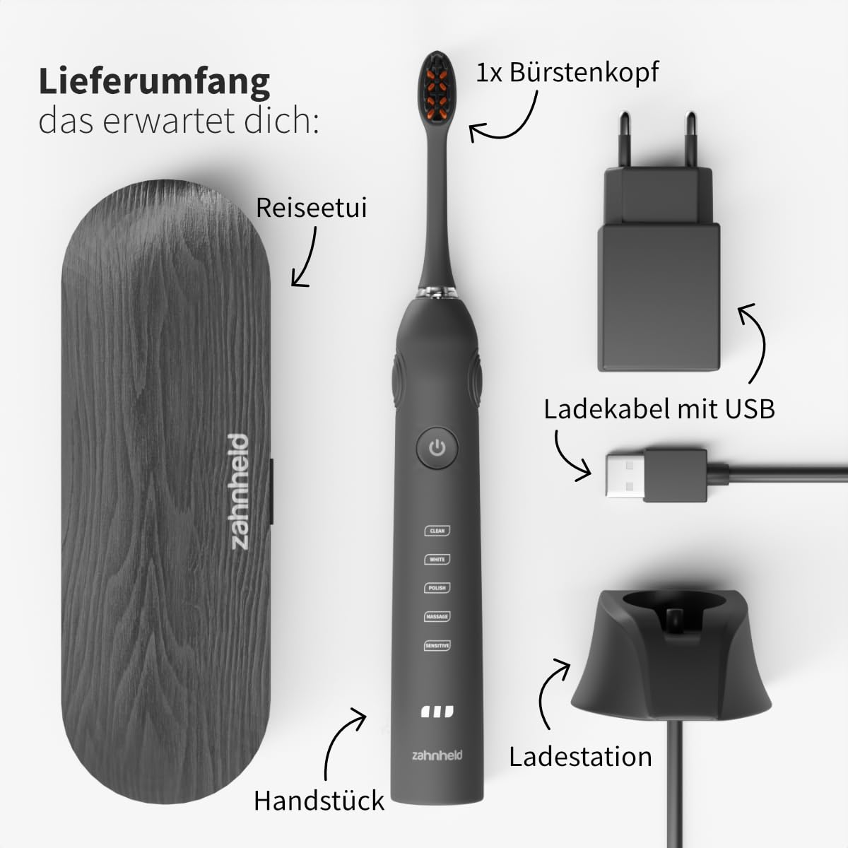 Zahnheld® Elektrische Schallzahnbürste GERO G2 | Bewährte Qualität mit Bürstenkopf & Etui | schwarz